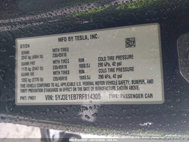 2024 Tesla Model 3 Long Range Dual Motor All-wheel Drive მანქანა იყიდება აუქციონზე, vin: 5YJ3E1EB7RF814305, აუქციონის ნომერი: 41566257
