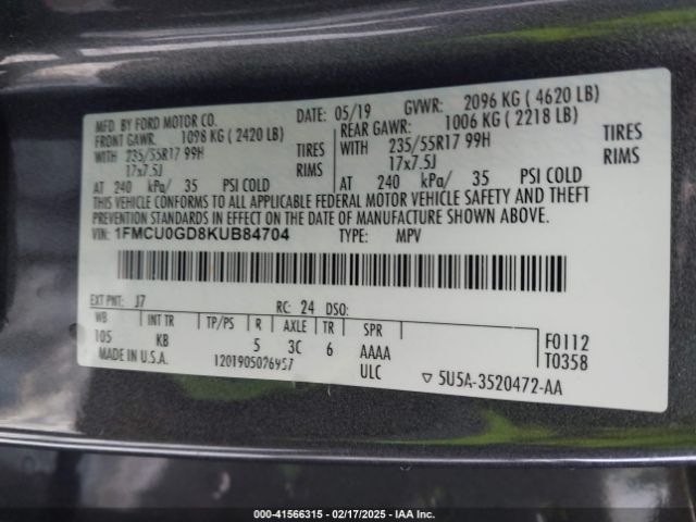 1FMCU0GD8KUB84704 Ford ESCAPE SE
