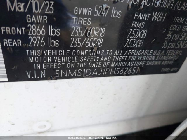 5NMS1DAJ1PH562651 Hyundai Santa Fe Se