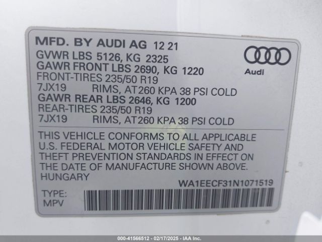 WA1EECF31N1071519 Audi Q3 Premium Plus 45 Tfsi S Line Quattro Tiptronic
