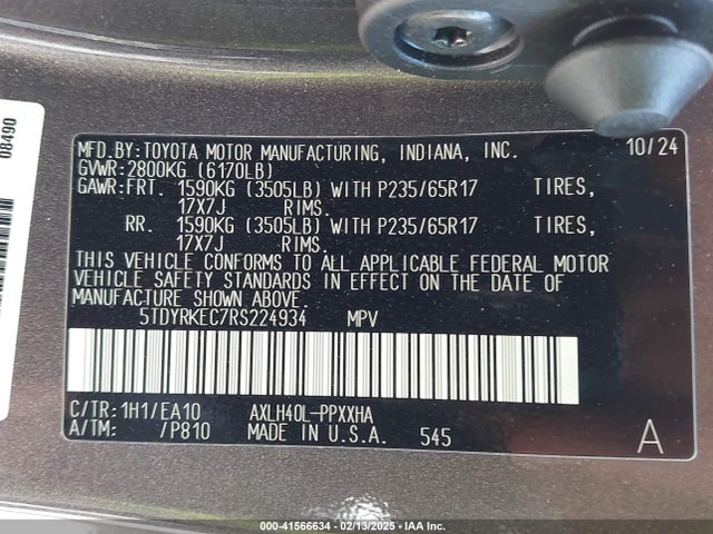 5TDYRKEC7RS224934 Toyota SIENNA XLE