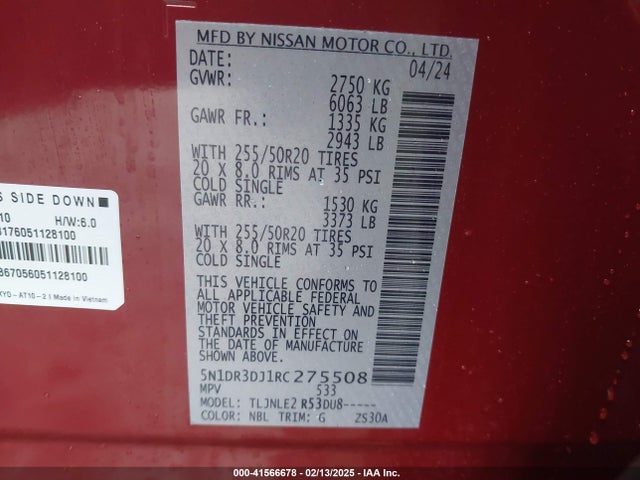 5N1DR3DJ1RC275508 Nissan Pathfinder Platinum 4wd