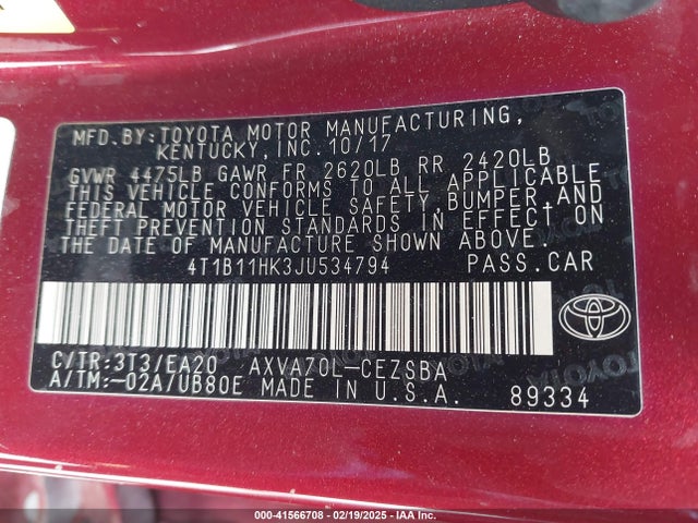 4T1B11HK3JU534794 Toyota CAMRY SE
