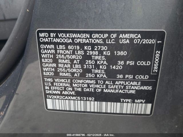 1V2KR2CAXMC513192 Volkswagen Atlas 3.6l V6 Se W/technology
