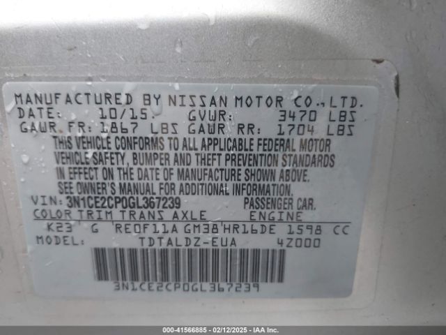 3N1CE2CP0GL367239 Nissan Versa Note Sv
