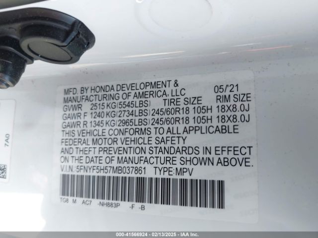 5FNYF5H57MB037861 Honda Pilot 2wd Ex-l