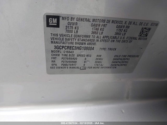 3GCPCREC3HG108004 Chevrolet Silverado 1500 1lt