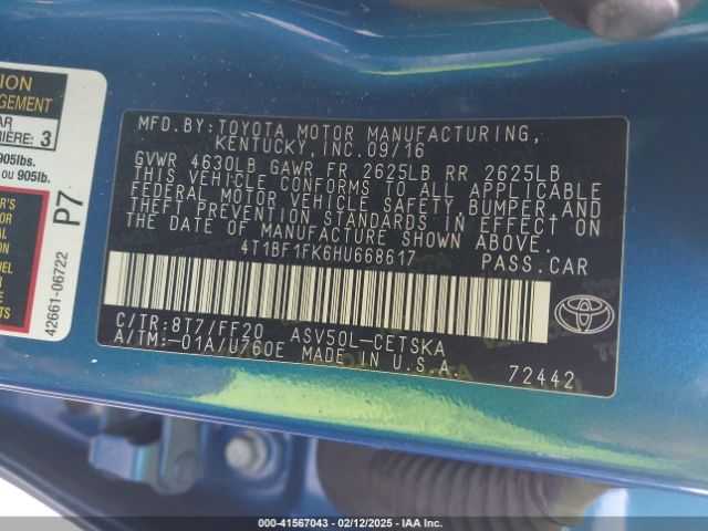 4T1BF1FK6HU668617 Toyota CAMRY SE