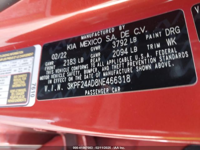 3KPF24AD8NE466318 KIA Forte Lxs