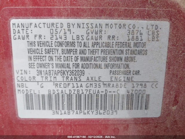 Nissan SENTRA SV 2019 3N1AB7AP6KY362039 Image 9