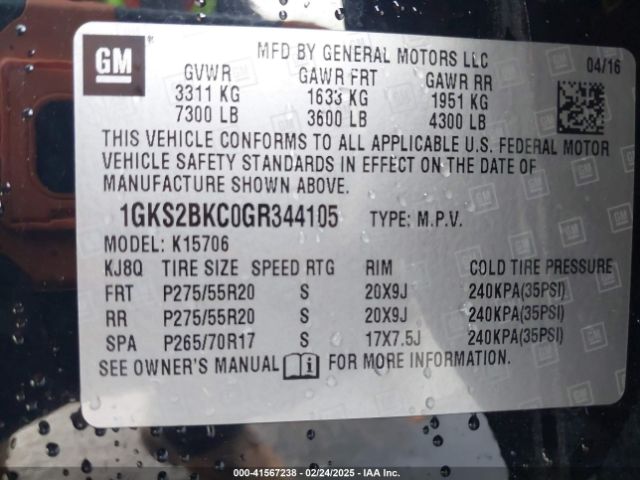 1GKS2BKC0GR344105 GMC YUKON SLT