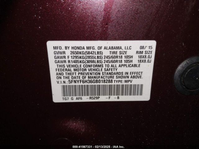 5FNYF6H36GB018288 Honda Pilot Ex