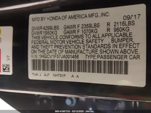 1HGCV1F57JA001456 Honda Accord Ex-l