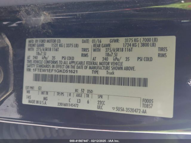 1FTEW1EF1GKD51621 Ford F-150 Xlt