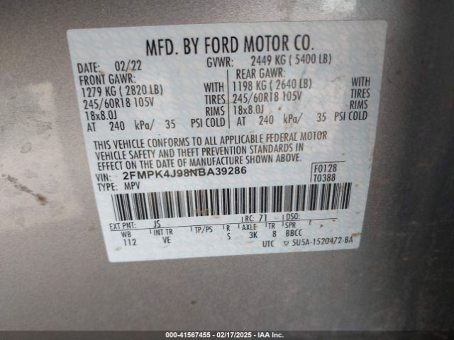 2022 FORD EDGE 2FMPK4J98NBA39286 Photo 8