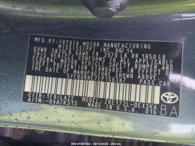 5YFBURHE7EP156387 Toyota Corolla L/le/le Pls/prm/s/s Pls