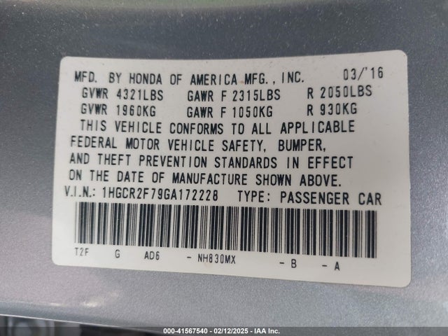 Honda ACCORD EX 2016 1HGCR2F79GA172228 Image 9