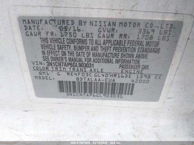 Nissan Versa 1.6 S 2016 3N1CN7AP6GL903031 Image 9