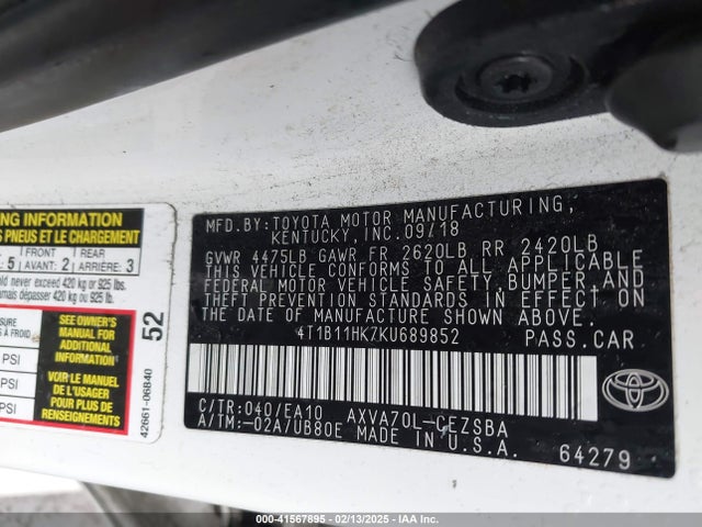 4T1B11HK7KU689852 Toyota CAMRY SE