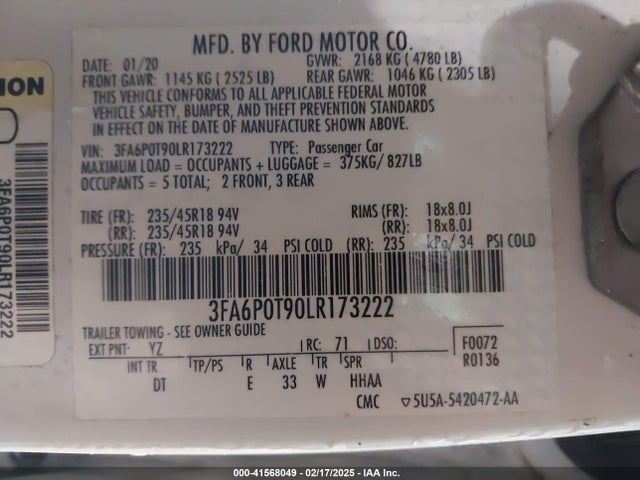 Aukcja sprzedaży 2020 Ford Fusion Se, vin: 3FA6P0T90LR173222, numer aukcji: 41568049