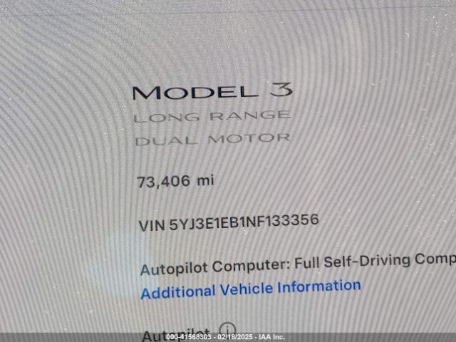 5YJ3E1EB1NF133356 Tesla Model 3 Long Range Dual Motor All-wheel Drive