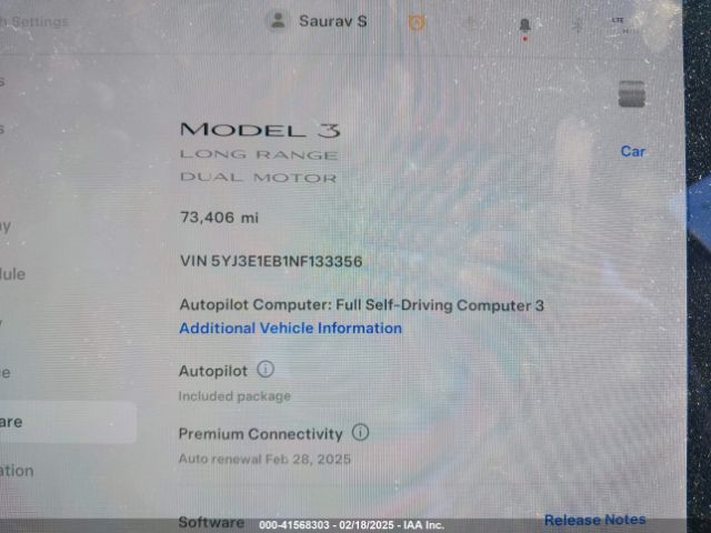 5YJ3E1EB1NF133356 Tesla Model 3 Long Range Dual Motor All-wheel Drive