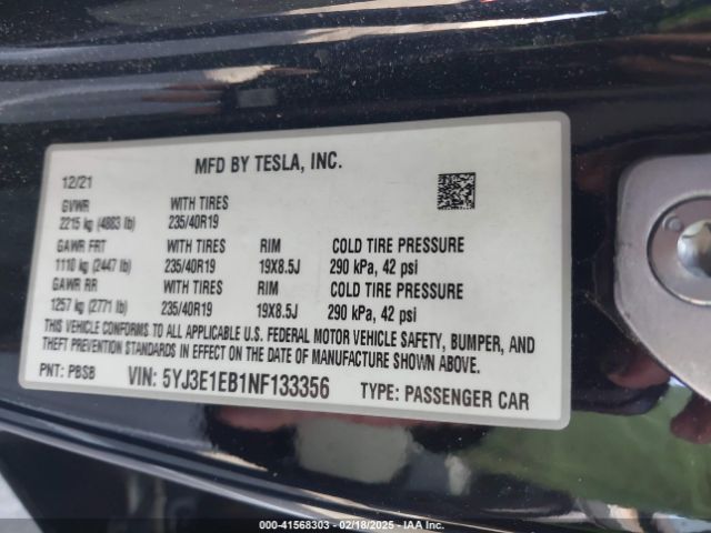 5YJ3E1EB1NF133356 Tesla Model 3 Long Range Dual Motor All-wheel Drive