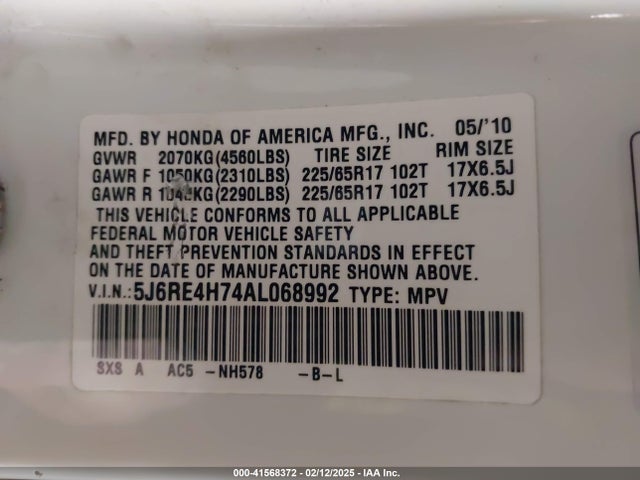 41568372 :رقم المزاد ، 5J6RE4H74AL068992 vin ، 2010 Honda Cr-v Ex-l مزاد بيع