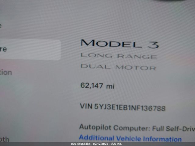 5YJ3E1EB1NF136788 Tesla Model 3 Long Range Dual Motor All-wheel Drive