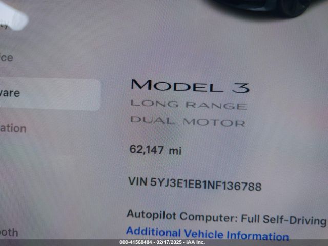 5YJ3E1EB1NF136788 Tesla Model 3 Long Range Dual Motor All-wheel Drive