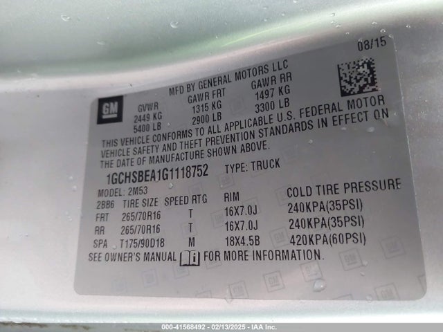 1GCHSBEA1G1118752 Chevrolet Colorado Wt