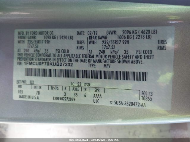 1FMCU0F70KUB27232 Ford ESCAPE S