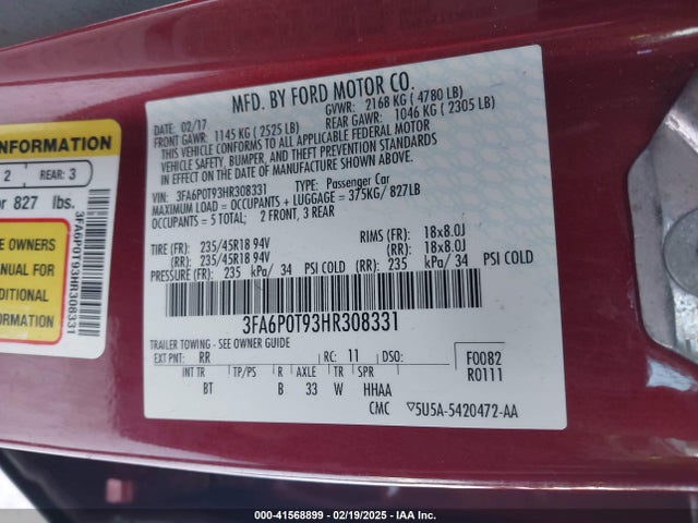 Ford FUSION SE 2017 3FA6P0T93HR308331 Image 9