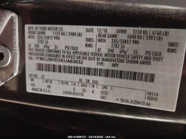 1FMCU9HD3KUA63632 Ford ESCAPE SEL