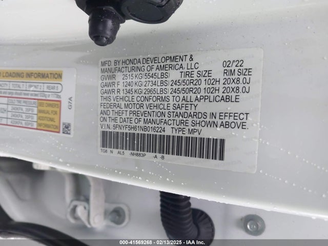 5FNYF5H61NB016224 Honda Pilot 2wd Touring 7 Passenger