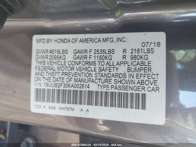 19UUB2F30KA002614 Acura Tlx Standard