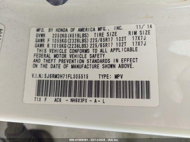 Honda Cr-v Ex-l 2015 5J6RM3H71FL005515 Image 9