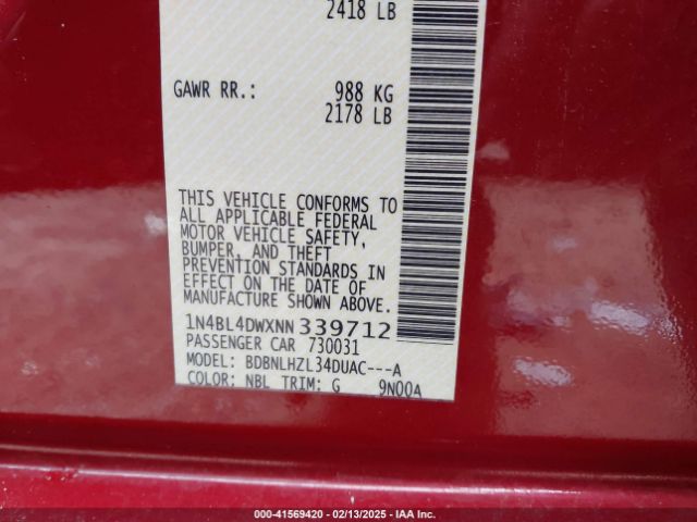 1N4BL4DWXNN339712 Nissan Altima Sv Intelligent Awd