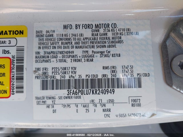Ford Fusion Hybrid Se 2019 3FA6P0LU7KR240949 Image 9