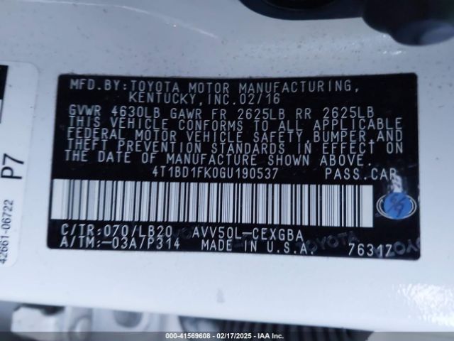 4T1BD1FK0GU190537 Toyota Camry Hybrid Xle