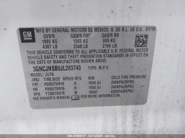 3GNCJNSB9JL283743 Chevrolet TRAX LS