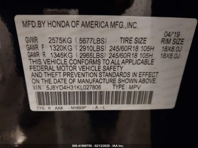 5J8YD4H31KL027806 Acura Mdx Standard