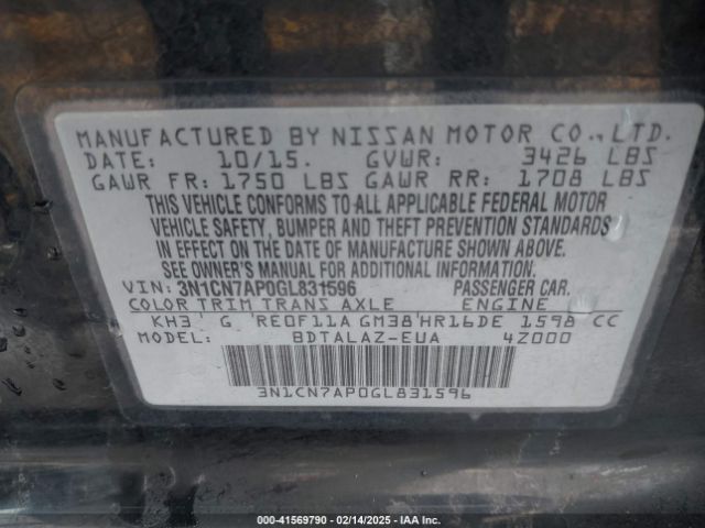 3N1CN7AP0GL831596 Nissan Versa 1.6 S+