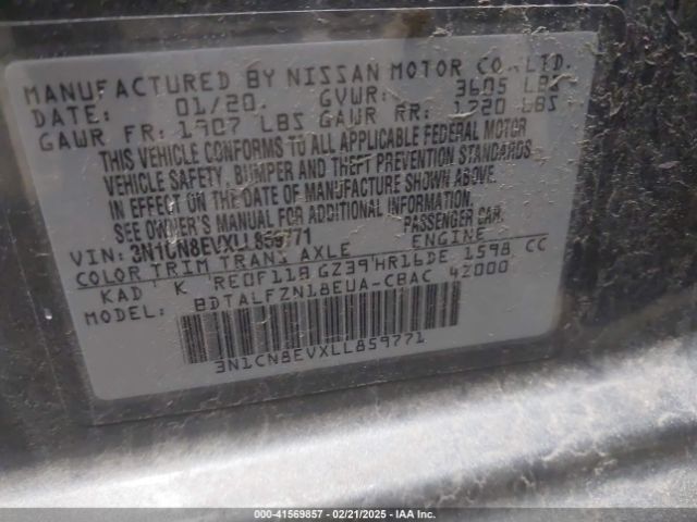 3N1CN8EVXLL859771 Nissan Versa Sv Xtronic Cvt