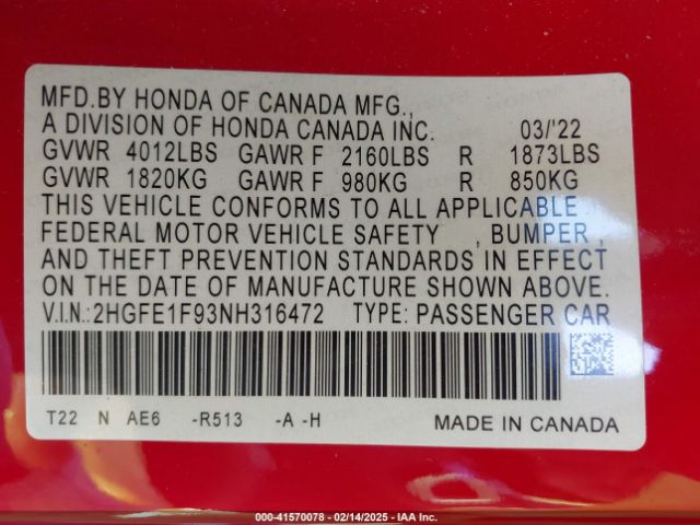 2022 HONDA CIVIC 2HGFE1F93NH316472 Photo 8