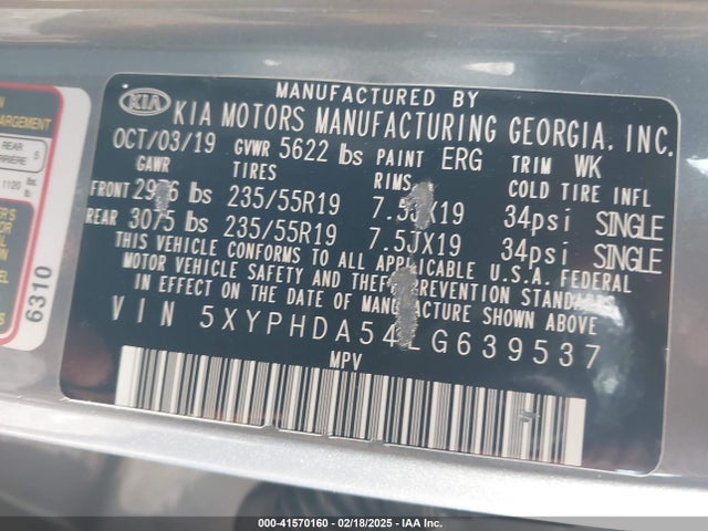 5XYPHDA54LG639537 KIA Sorento 3.3l Ex