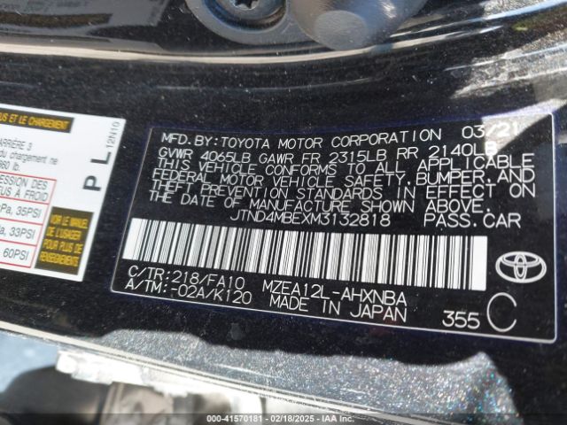 JTND4MBEXM3132818 Toyota COROLLA SE