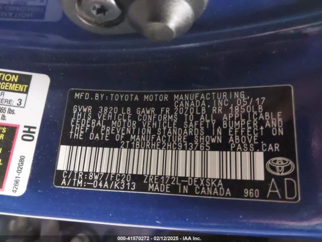 2T1BURHE2HC913765 Toyota COROLLA SE