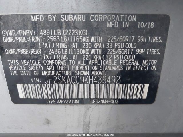 JF2SKACC9KH439492 Subaru Forester