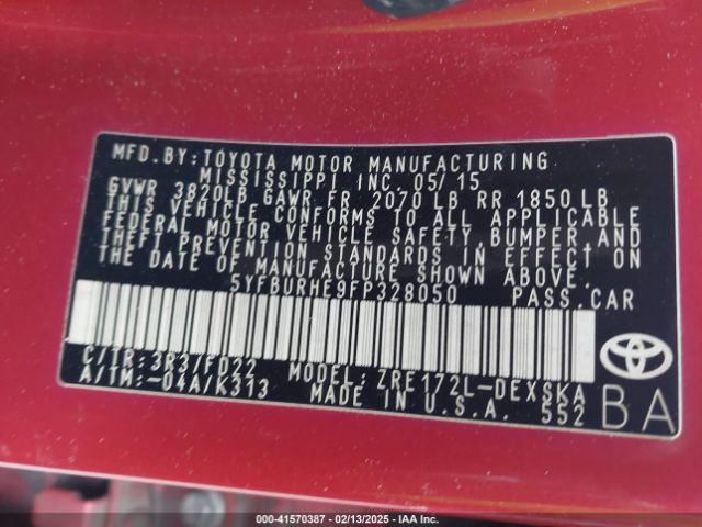 5YFBURHE9FP328050 Toyota Corolla S Plus